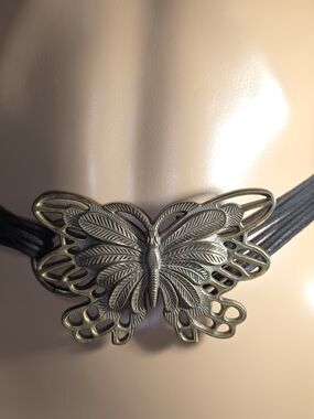 Vintage Brass Butterfly Belt -"9159" Black Straps W/Beaded Ends Boho Bohemian